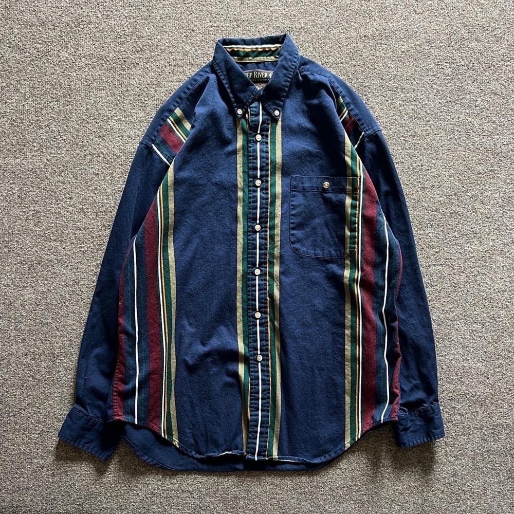 VTG 90s Vertical Stripe Navy Button Up Shirt Men M Retro Cosby Style Elbow Patch